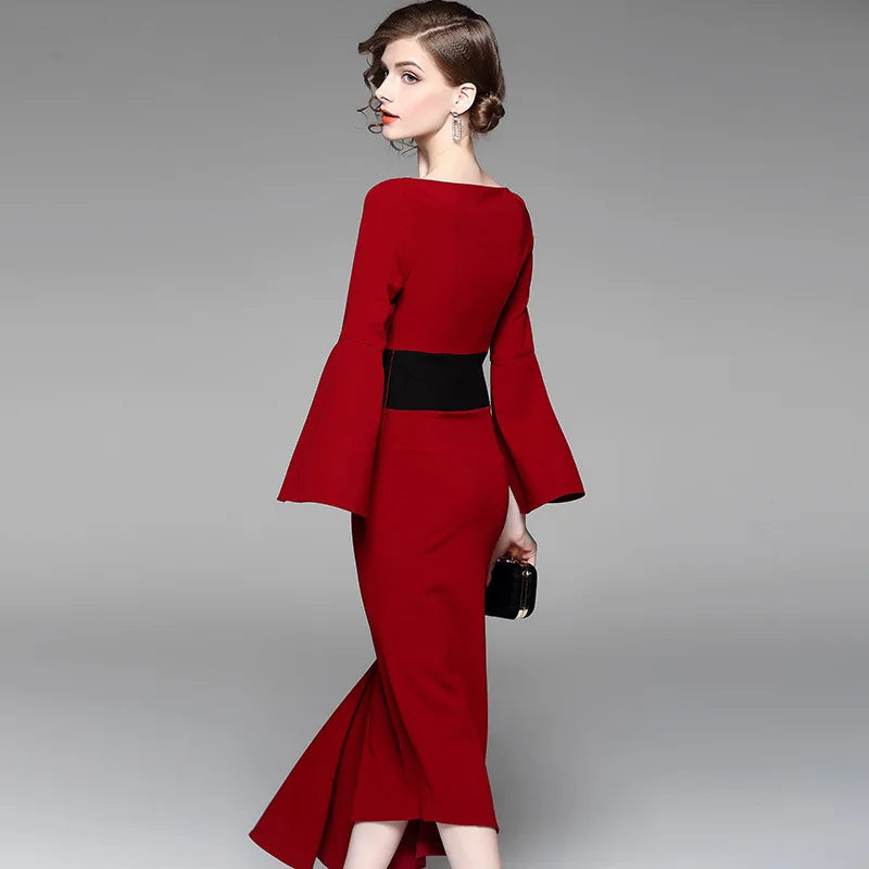 New irregular waist-tightening dresses red medium-length dress for solid slash neck flare sleevebanquet in 2026