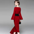 New irregular waist-tightening dresses red medium-length dress for solid slash neck flare sleevebanquet in 2026